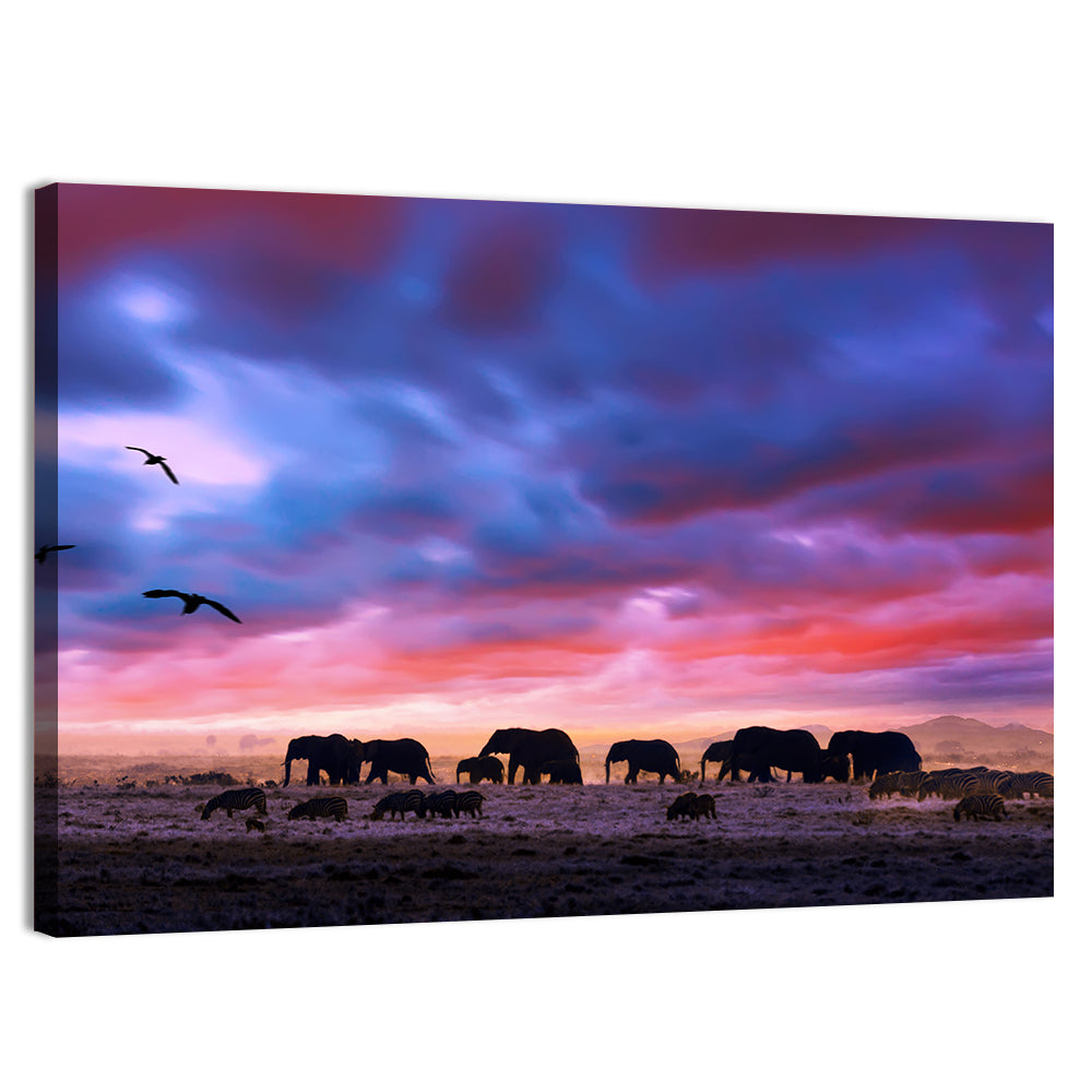 Elephants at Savannah Sunset Wall Art, canvas print, landscape