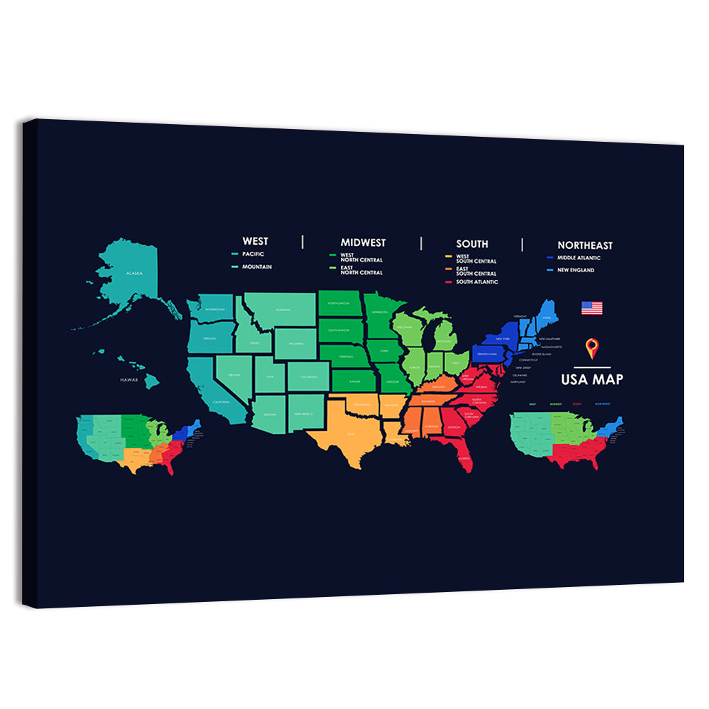 Color Coded US Regions Map Wall Art