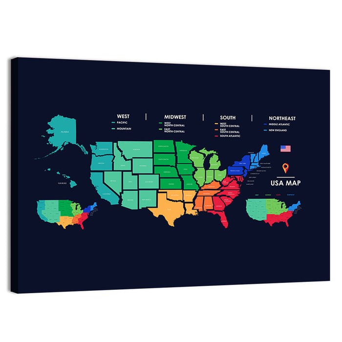 Color Coded US Regions Map Wall Art as a canvas print