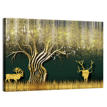 Golden Jungle Deer Scene Wall Art