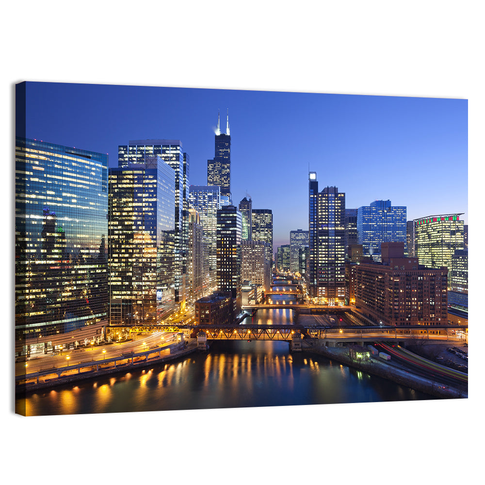 Chicago River Night Skyline Wall Art