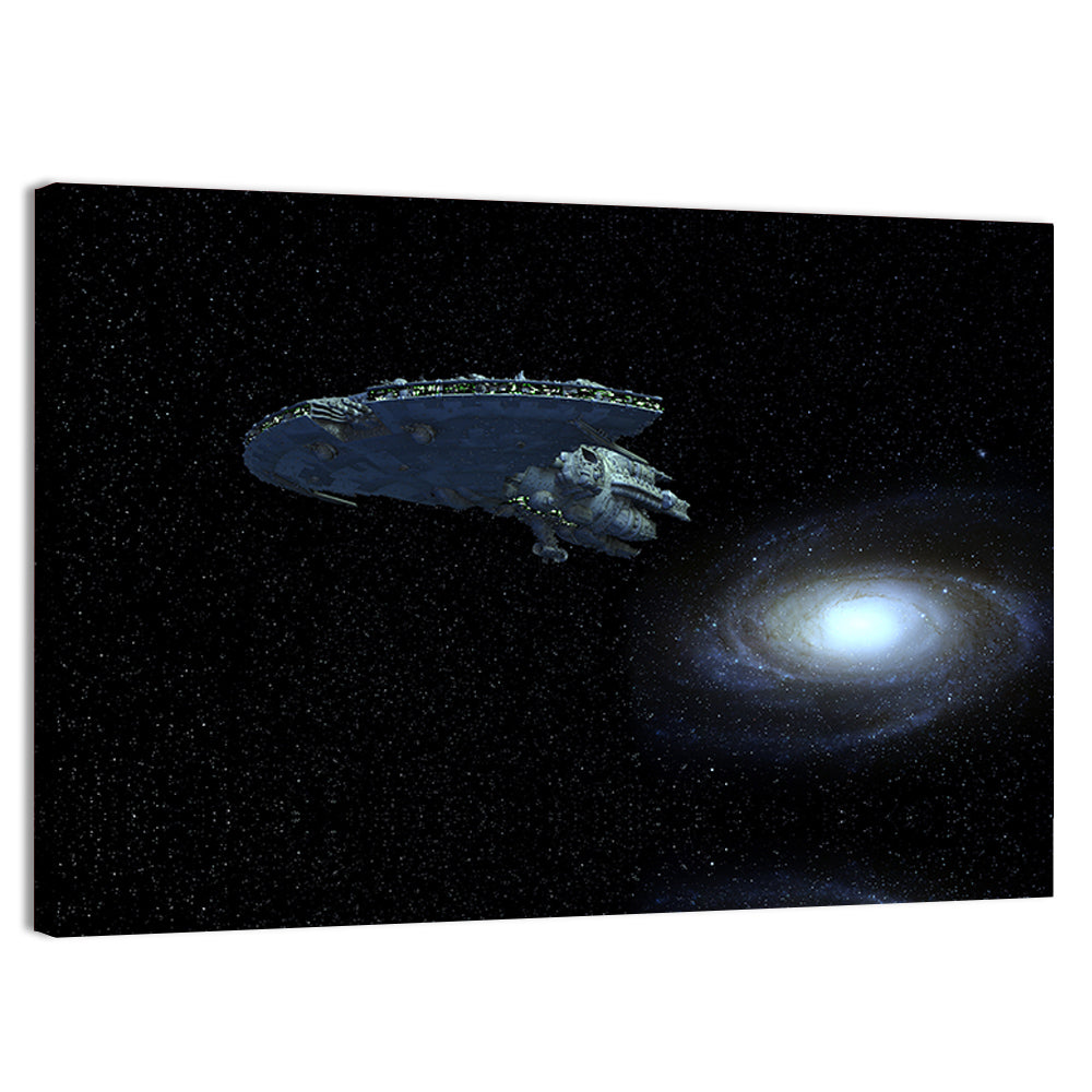 Starship Over Spiral Galaxy Wall Art, canvas print, landscape