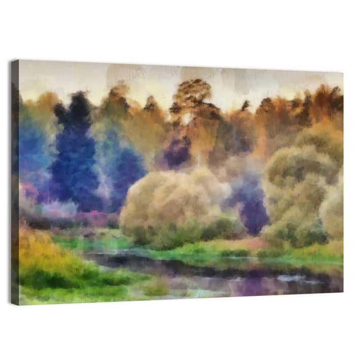 Misty Forest River Watercolor Wall Art as a canvas print