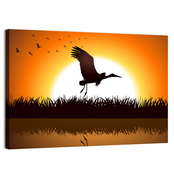 Stork Silhouette at Sunset Wall Art as a canvas print