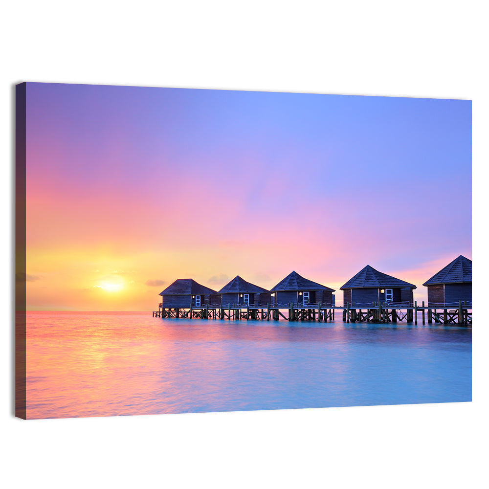 Maldives Sunset Over Water Bungalows Wall Art