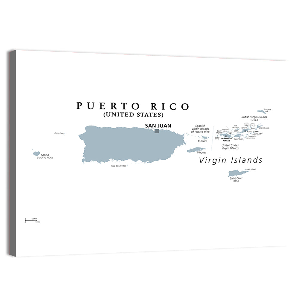 Puerto Rico and Virgin Islands Political Map Wall Art, canvas print, landscape