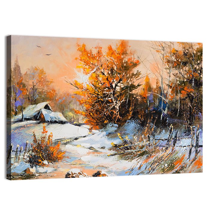Winter Cottage Landscape Wall Art as a canvas print