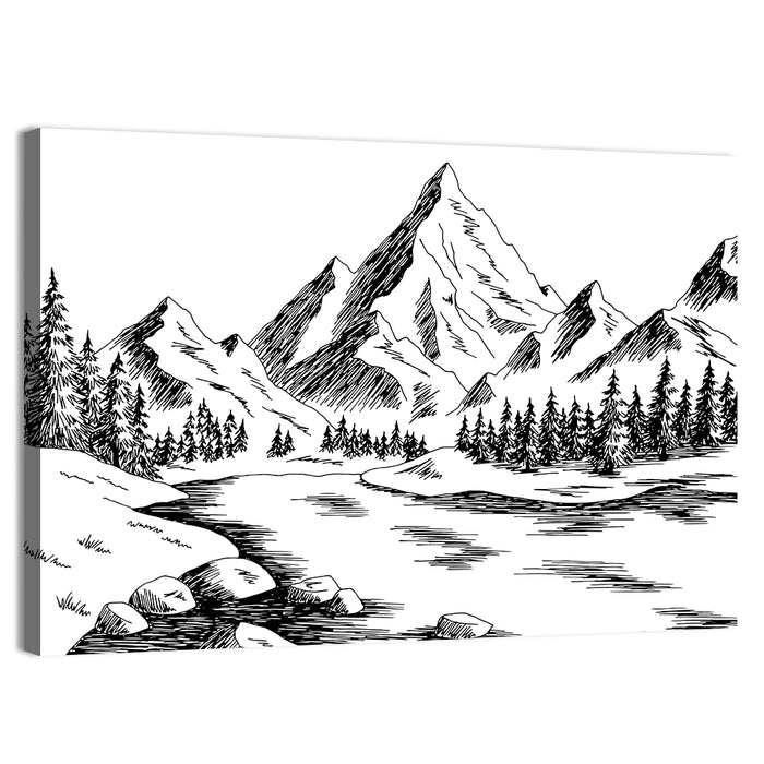 Monochrome Mountain Lake Sketch Wall Art as a canvas print