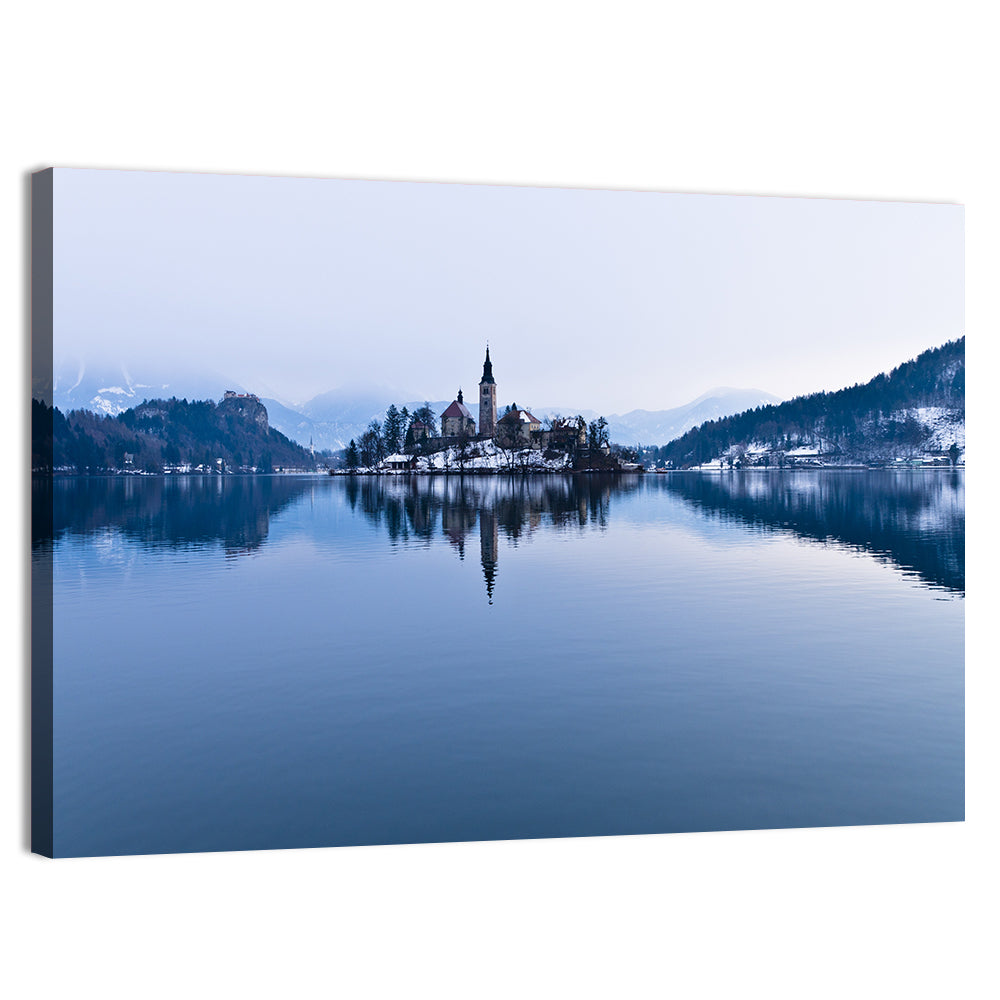 Bled Island Church in Winter Wall Art, canvas print, landscape