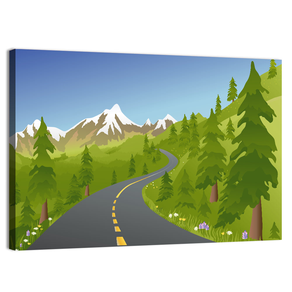 Summer Mountain Road Illustration Wall Art, canvas print, landscape