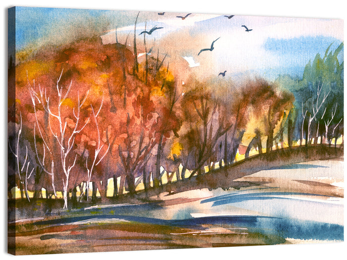 Autumn Dusk Watercolor Landscape Wall Art as a canvas print