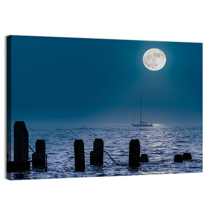 Moonlit Sailboat with Wooden Pylons Wall Art