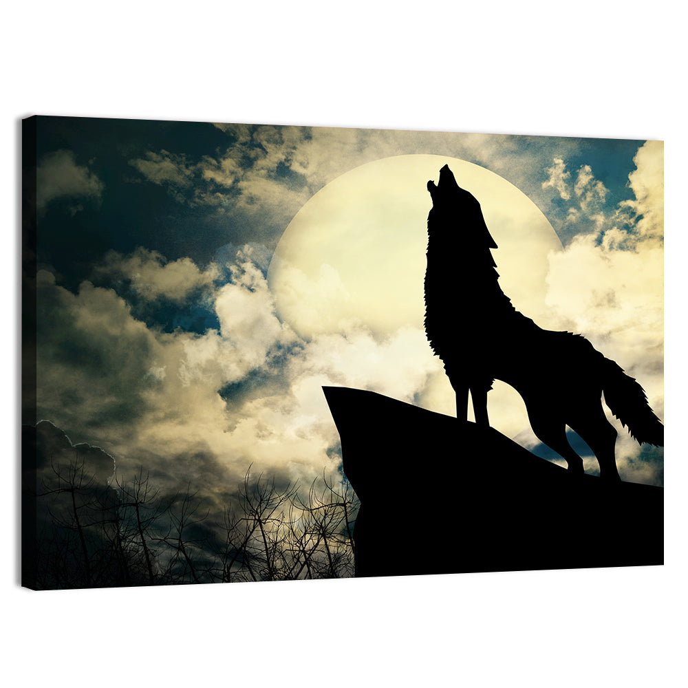Howling Wolf Silhouette Against Full Moon Wall Art, canvas print, landscape