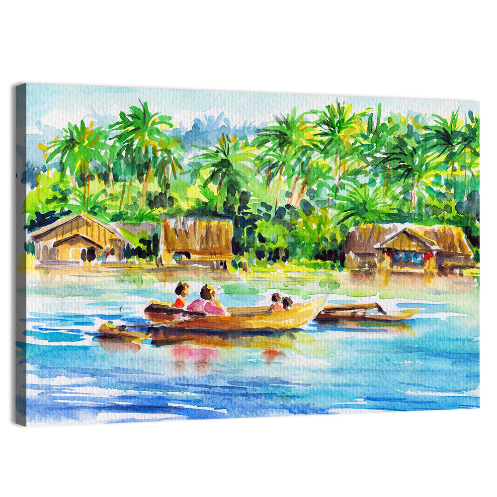 Boat in Tropical Village Wall Art