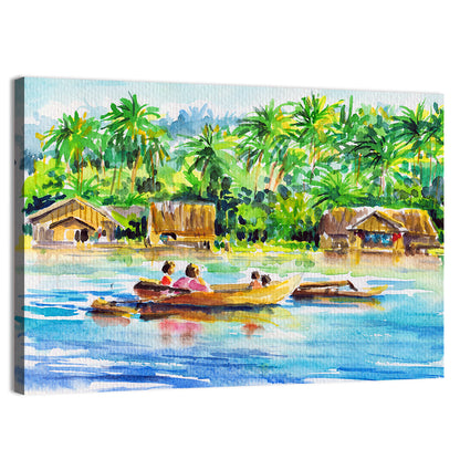Boat in Tropical Village Wall Art