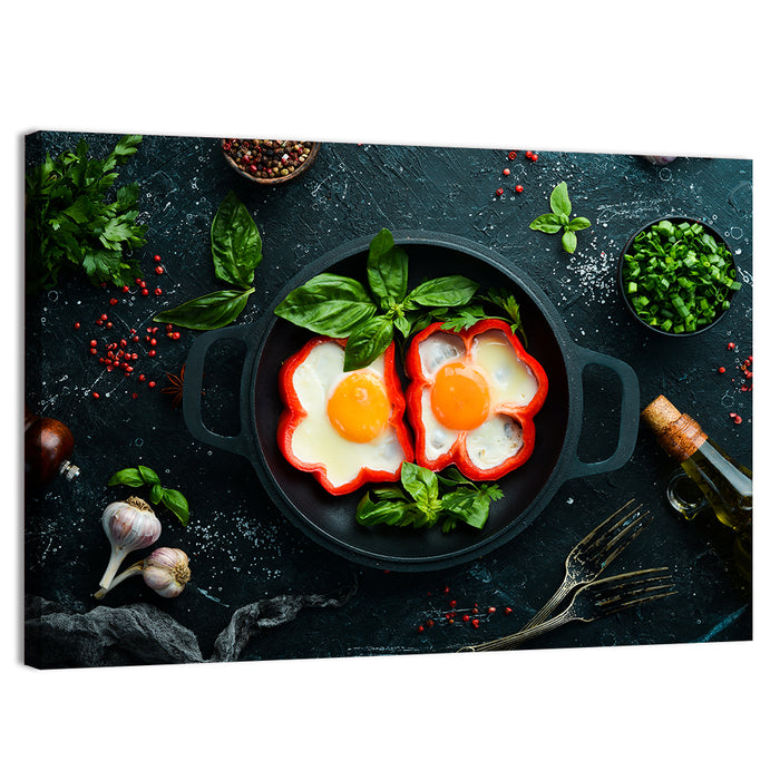Cast Iron Fried Eggs with Sweet Pepper Wall Art as a canvas print