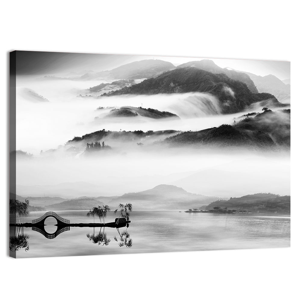 Misty Chinese Lake with Bridge Wall Art