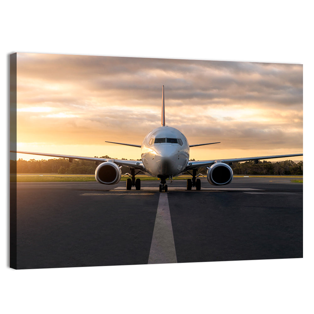 Front Facing Airplane on Runway at Sunset Wall Art