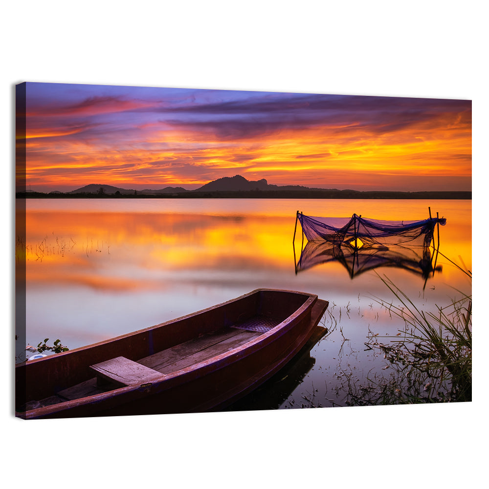 Boat Near Fishing Net at Sunset Wall Art, canvas print, landscape
