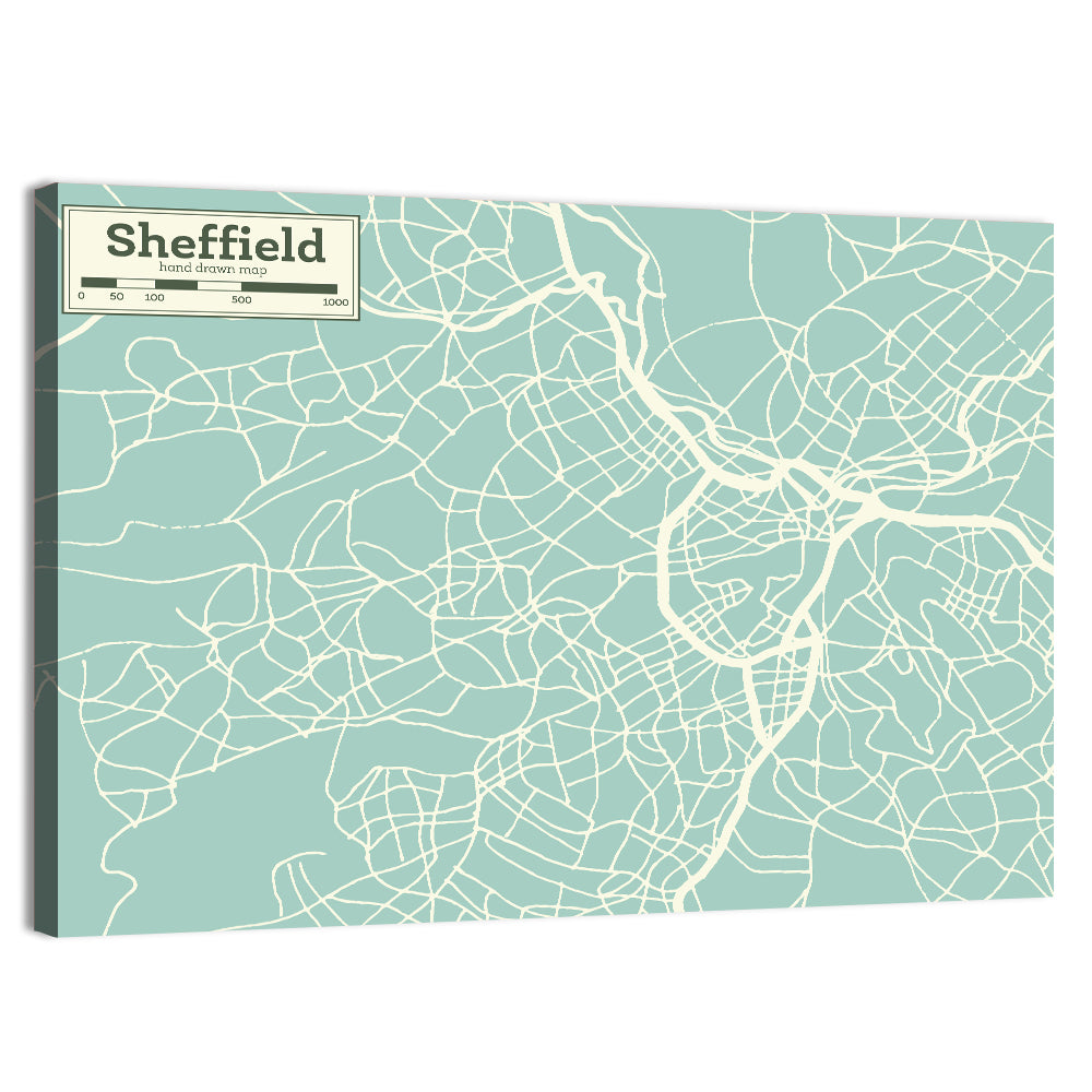 Sheffield City Map, Light Blue Wall Art