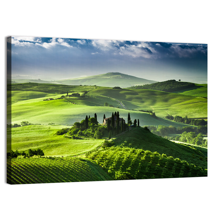 Sunrise Over San Quirico D Orcia Valley Wall Art as a canvas print