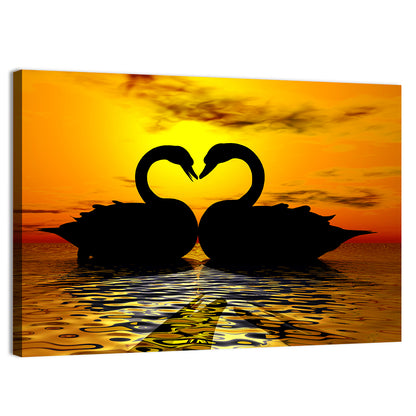 Swans Forming Heart at Sunset Wall Art
