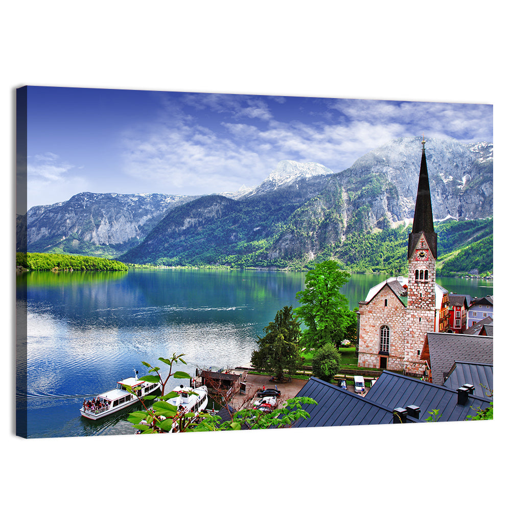 Hallstatt Lake View with Church Tower Wall Art, canvas print, landscape