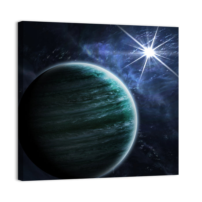 Blue Planet Closeup with Star Flare Wall Art as a canvas print