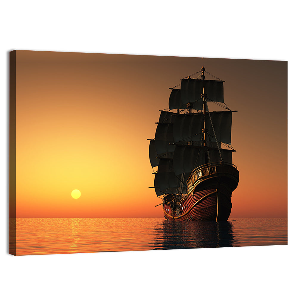 Sailing Ship at Golden Sunset Wall Art, canvas print, landscape