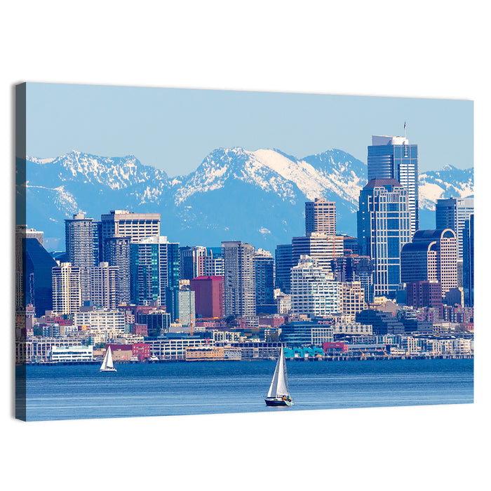 Seattle Skyline with Sailboats and Mountains Wall Art as a canvas print
