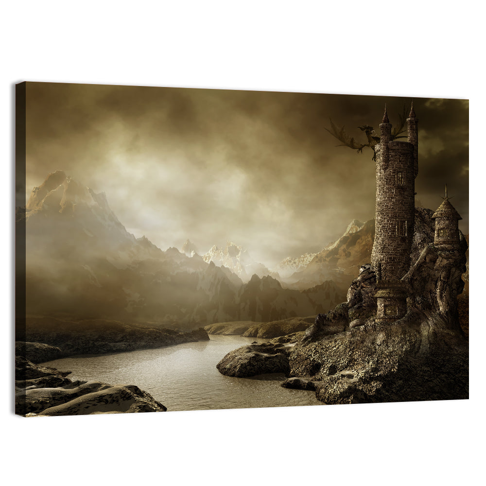 Dragon Perched on Stone Tower Wall Art