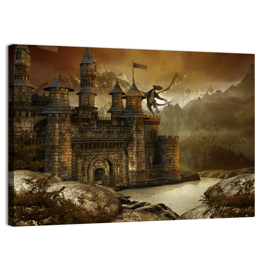 Dragon Over Fairytale Castle Wall Art, canvas print, landscape