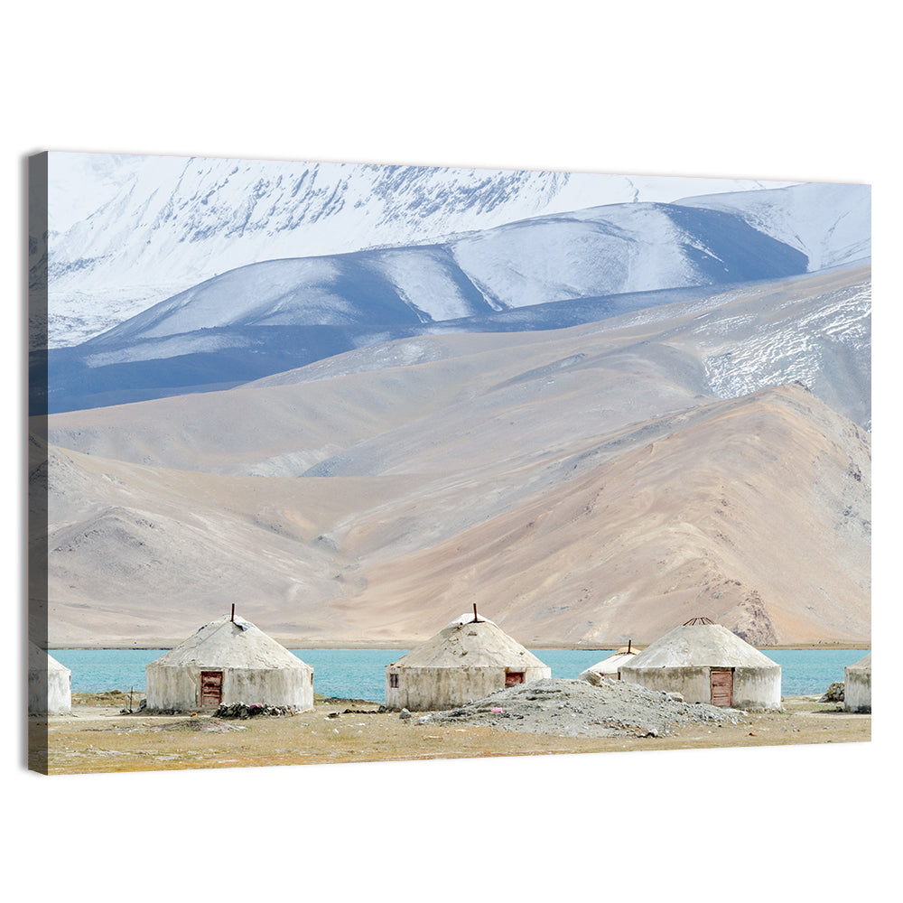 Karakul Lake Yurts with Snow Peaks Wall Art, canvas print, landscape