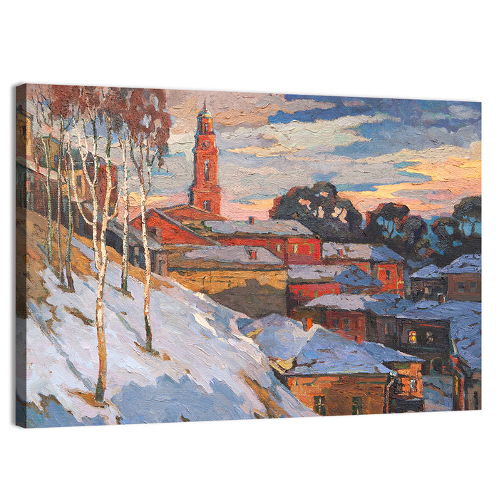 Winter Cityscape at Sunset Wall Art as a canvas print