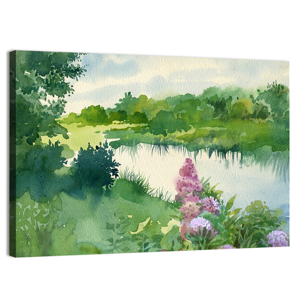 Lake Reflection with Purple Flowers Wall Art, canvas print, landscape