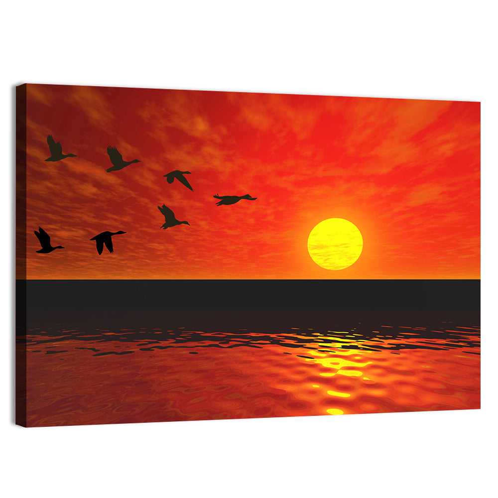 Ducks at Sunset Silhouette Wall Art