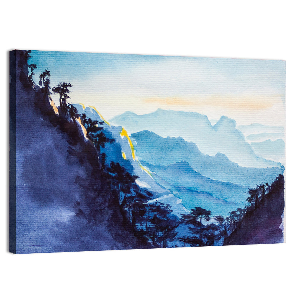 Dawn Light Watercolor Mountain Forest Wall Art
