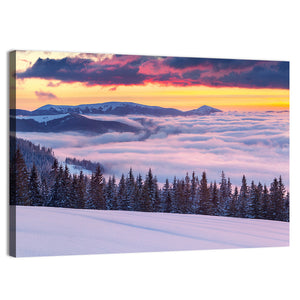 Morning fog in the winter mountains Wall Art