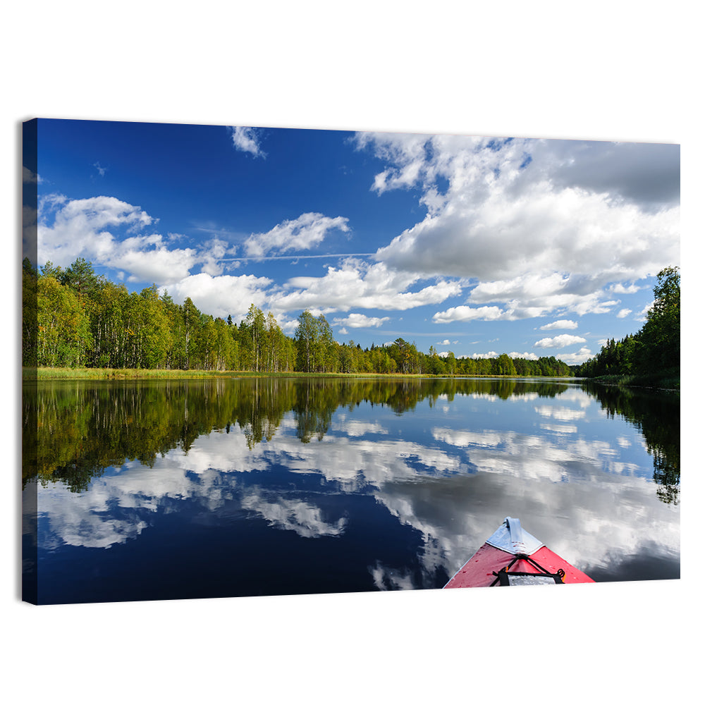 Red Kayak on Calm Lake Wall Art, canvas print, landscape