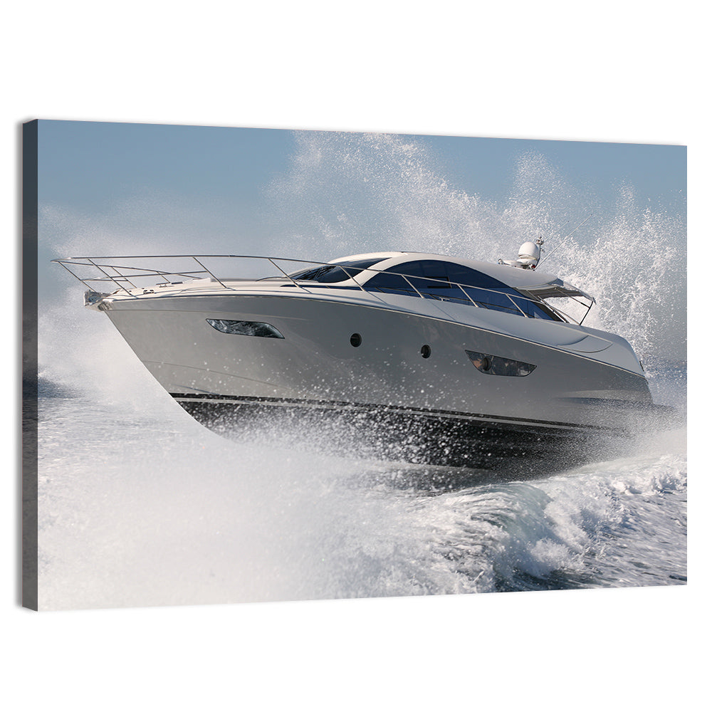 Motor Yacht Cutting Through Spray Wall Art, canvas print, landscape