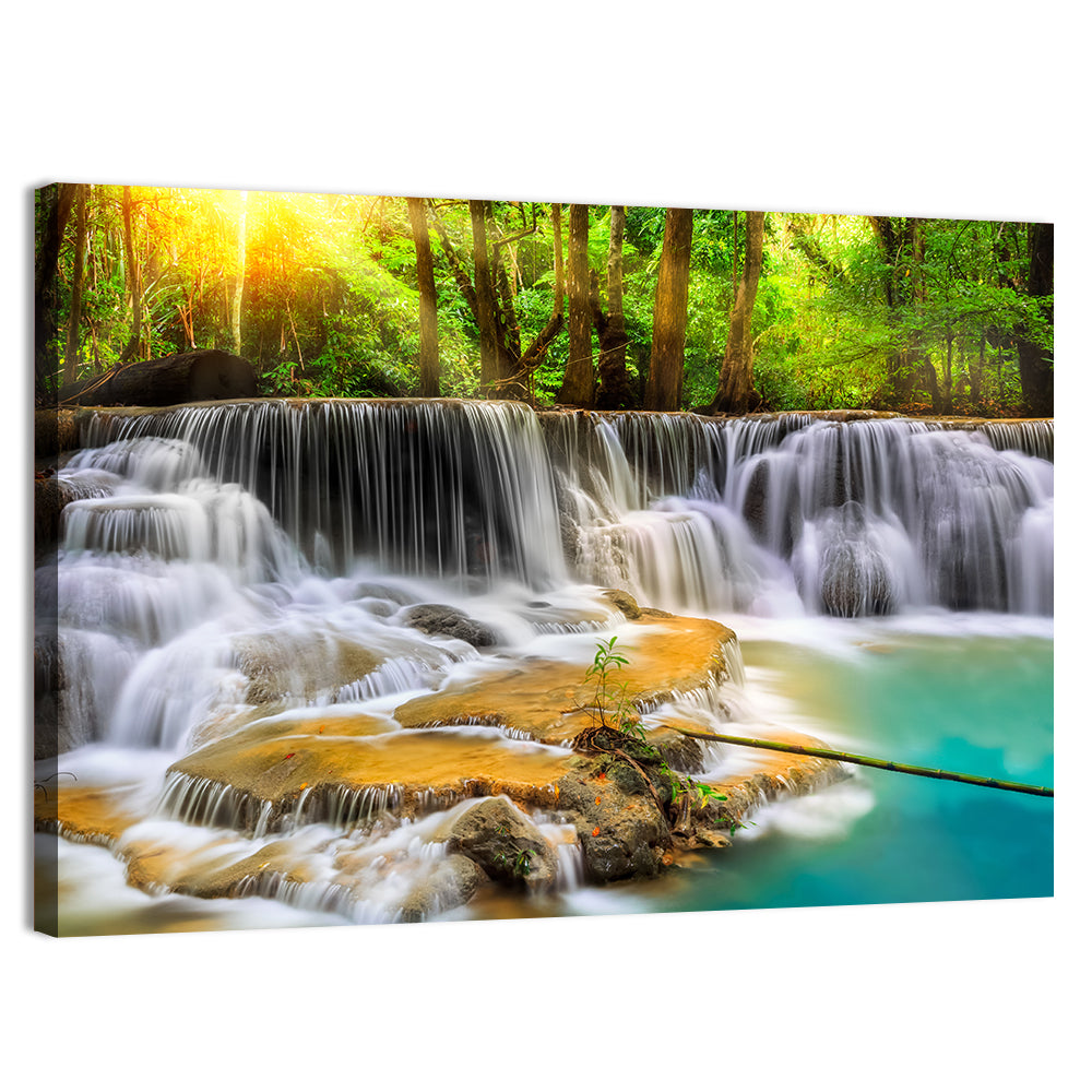 Sunlit Erawan Waterfall, Kanchanaburi Wall Art, canvas print, landscape