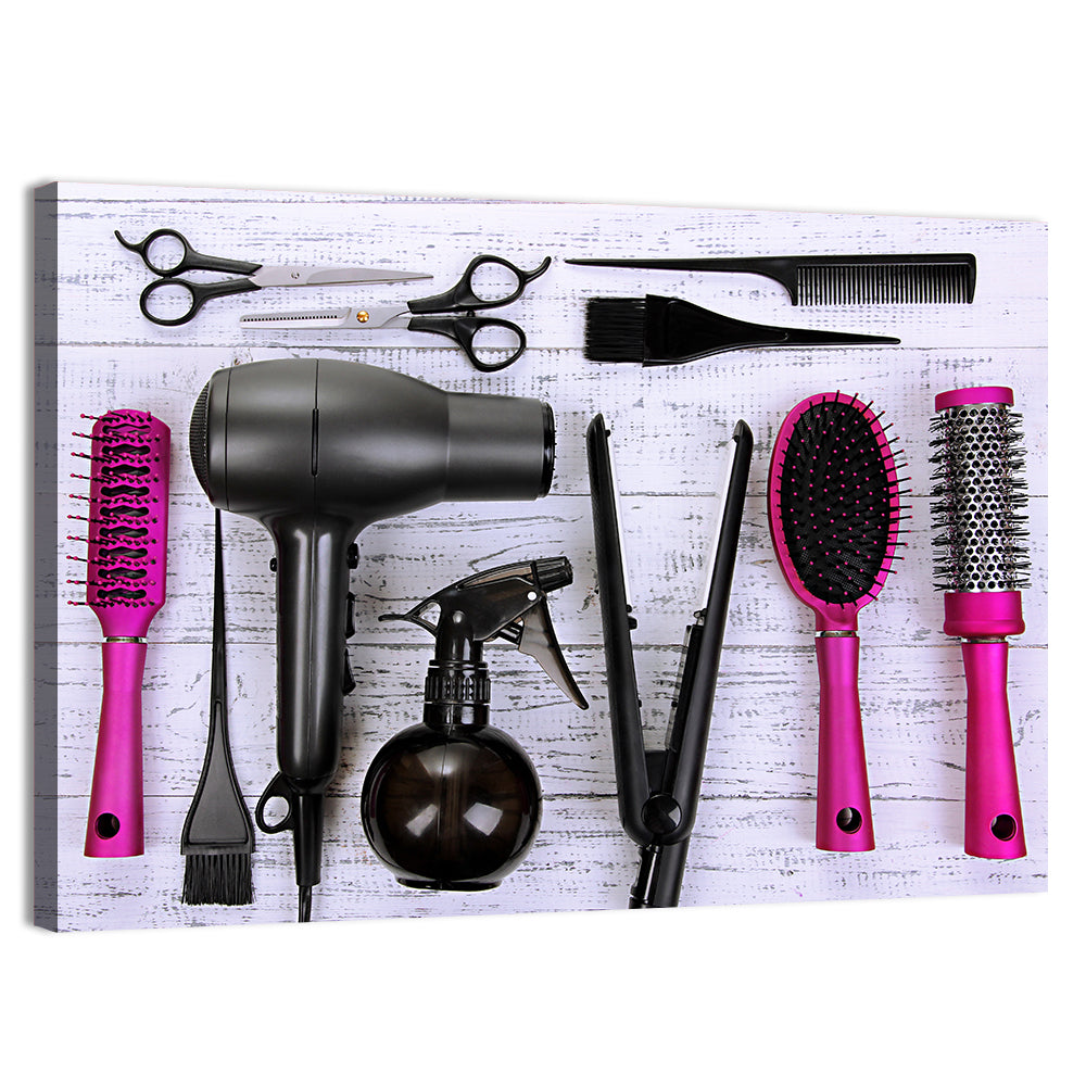 Hair Styling Tools Flat Lay Wall Art, canvas print, landscape