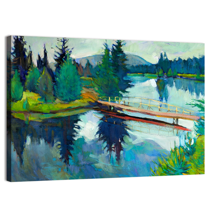 Forest Bridge Reflection Illustration Wall Art as a canvas print