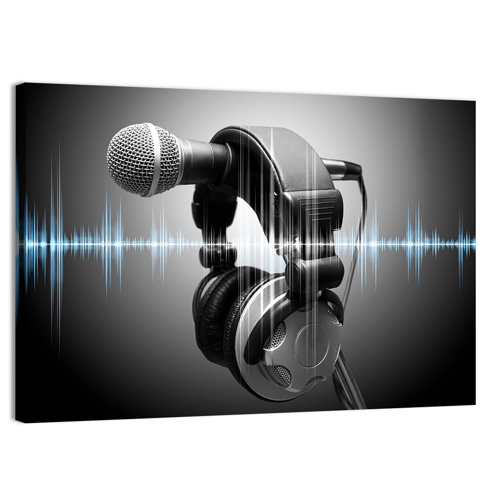 Headphones on Microphone with Sound Waves Wall Art