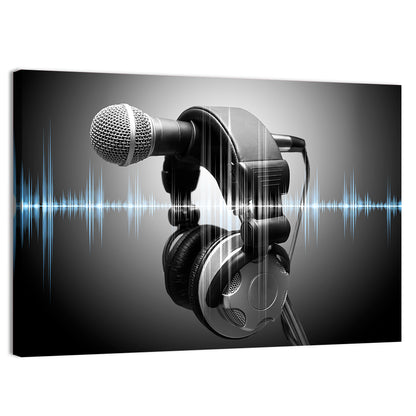 Headphones on Microphone with Sound Waves Wall Art