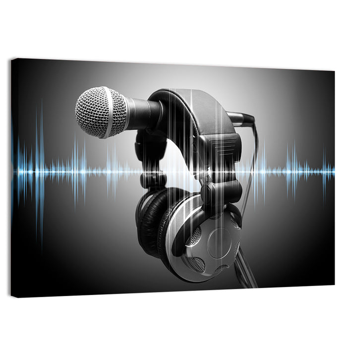 Headphones on Microphone with Sound Waves Wall Art as a canvas print