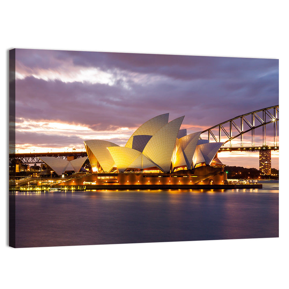 Sydney Opera House at Dusk with Harbour Bridge Wall Art, canvas print, landscape