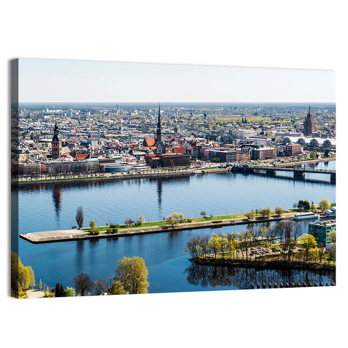 Riga Riverfront with St. Peter's Church Wall Art as a canvas print