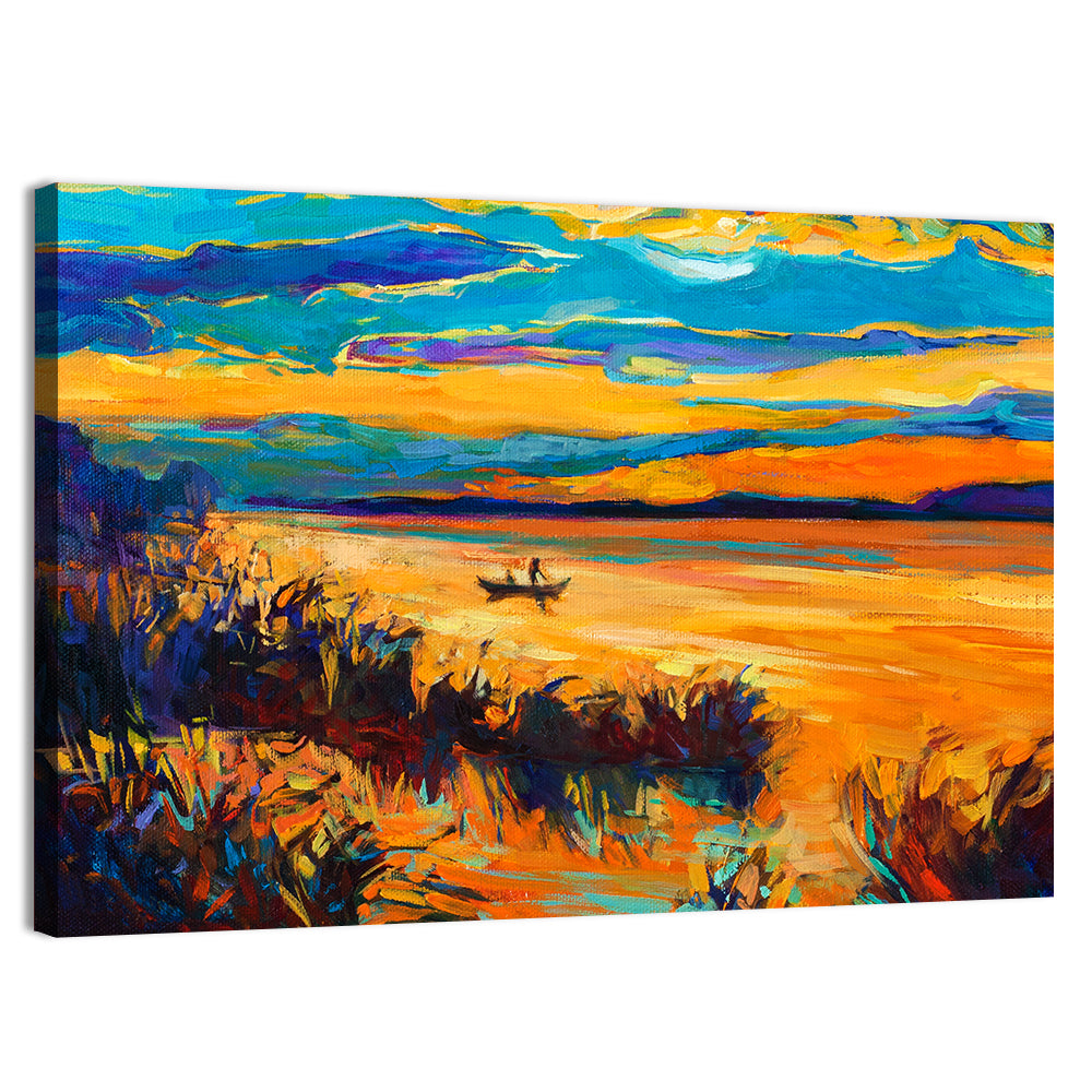 Sunset Boat on Lake Wall Art