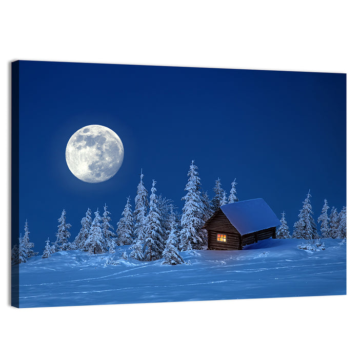 Moonlit Winter Cabin in Forest Wall Art as a canvas print